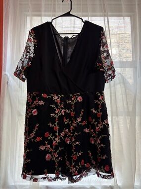 SHEIN Black Midi Dress with Pink & Red Floral Embroidery